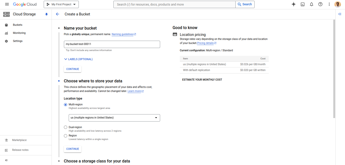 gcp cloud storage create bucket name and region selection